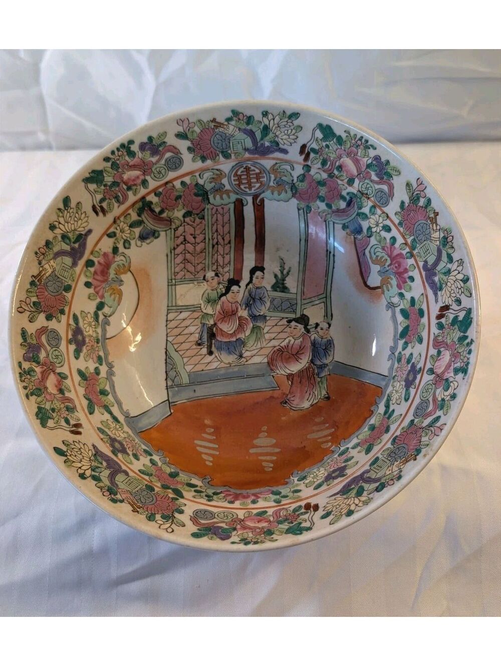 Vintage Chinese Famille Rose Footed Porcelain Bowl Figural Courtyard Floral 10"
